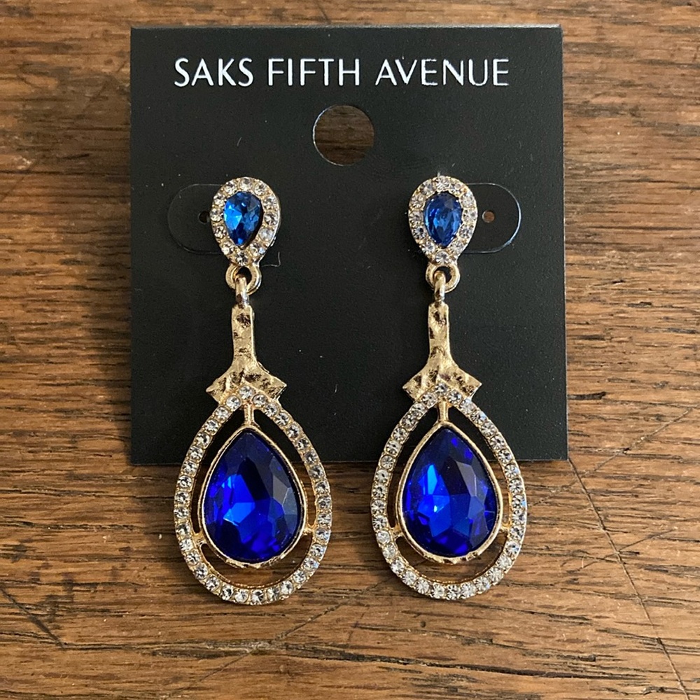 Saks Fifth Avenue Sapphire Blue Crystal & Rhinestone Oval Dangle Earrings NWT